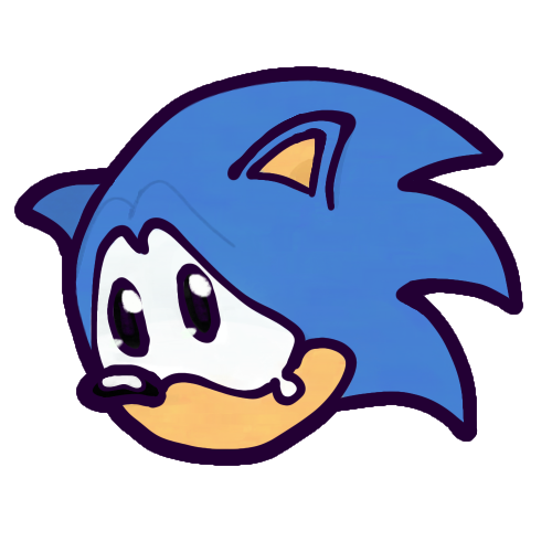 A drawing of Sonic the Hedgehog’s head, crying sadly. His ears are wilted, and his eyes are downturned, shedding a single tear. His mouth is not visible. Sonic is a cartoony, blue, anthropomorphic hedgehog with a tan muzzle and inner ears, and big eyes with scleras that conjoin in the middle of his face. He’s portrayed with his “classic” design, with a rounder silhouette that appears to have three big spines protruding out of the back of his head, as well as a bean-shaped nose, and lighter blue quills. His eyes lack irises, and instead have pupils that are black ovals with white shines, reminiscent of classic black-and-white cartoon characters.